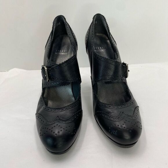 Stuart Weitzman Wing Tip Paltform Pump Black Leather Women 9 Vintage Style Heel - Picture 10 of 12